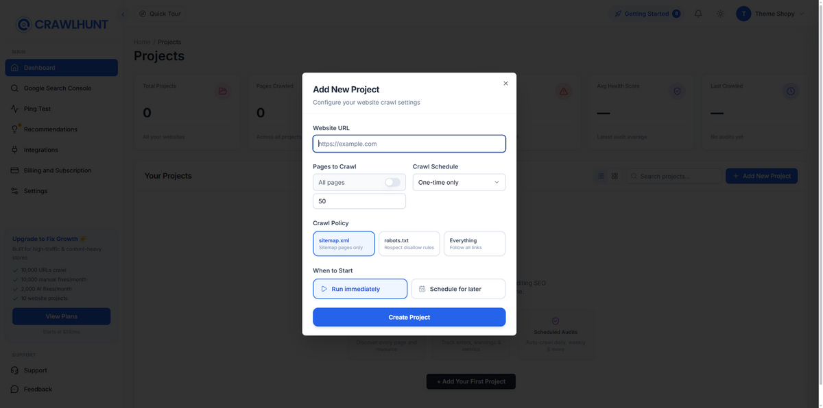 CrawlHunt Add Project Page