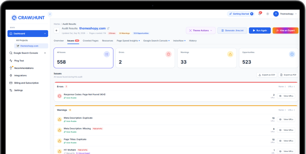 CrawlHunt Dashboard Screenshot